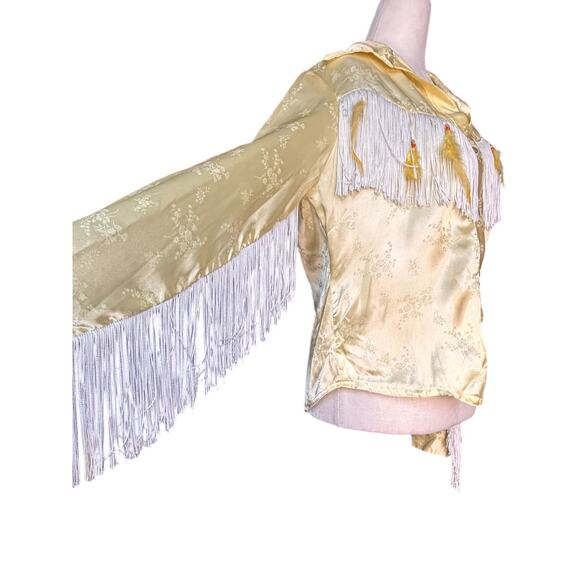 Vintage Tops - Vintage Butter Yellow Satin Fringe Floral Western Shirt Feather Rodeo Festival